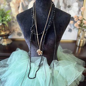 1920s vintage long necklace Black and Gold w flower pendant Multi-strands